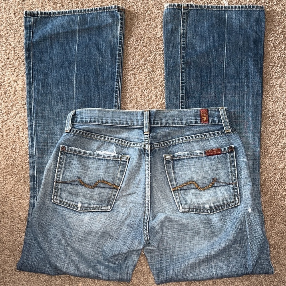 7 For All Mankind flare medium wash distressed denim blue jeans size 26 - Picture 5 of 10